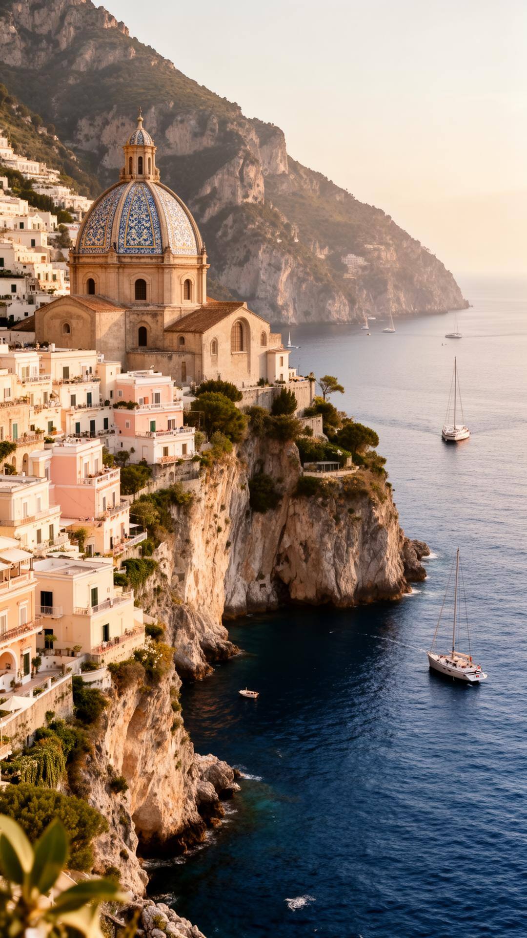 Amalfi Coast cliffside village at golden hour