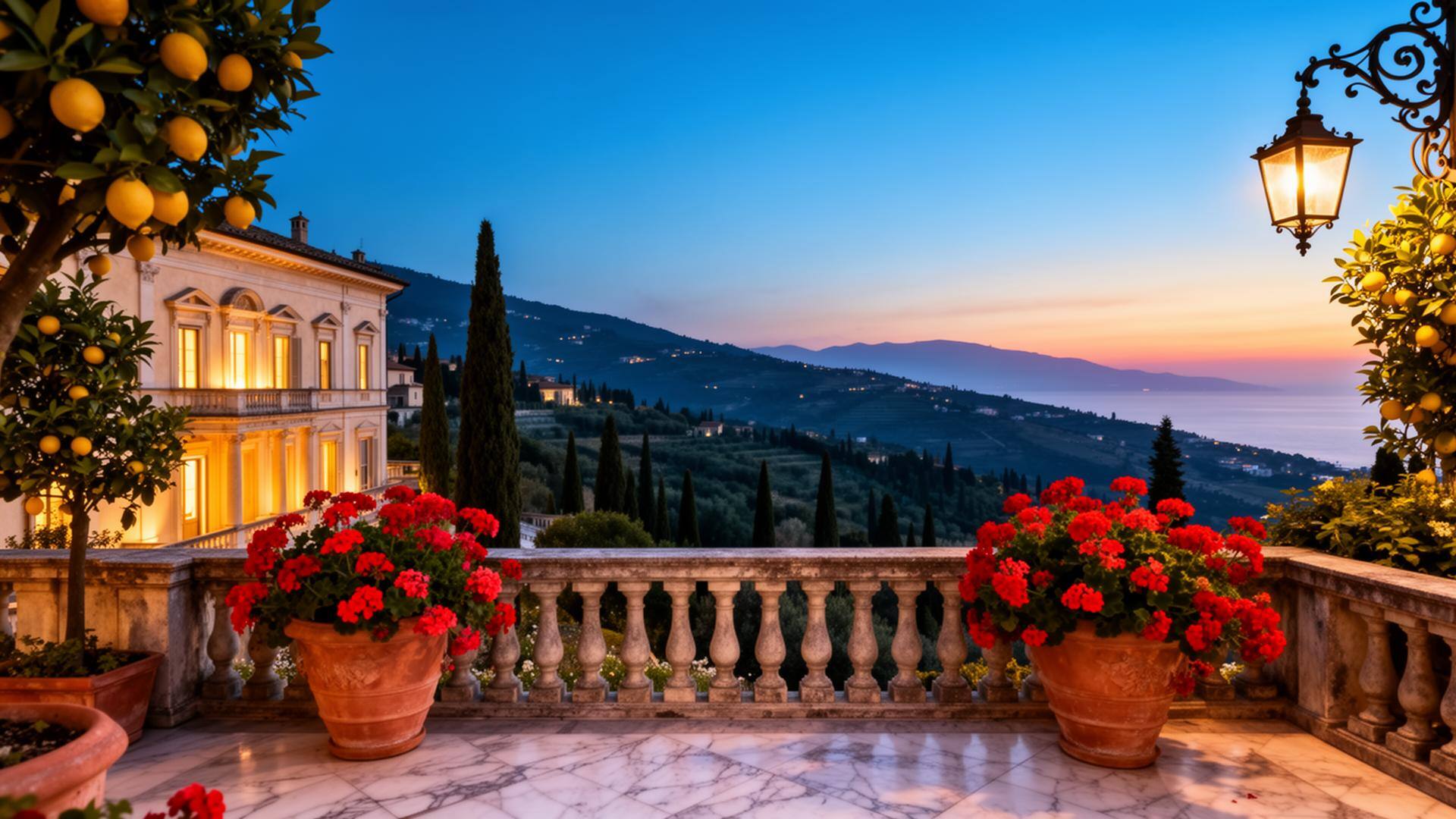 Italian villa terrace at golden hour, overlooking cypress-studded hills and the sea
